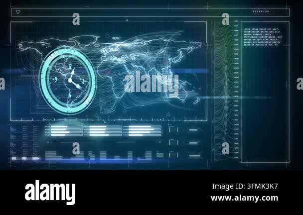 Computer Tagging Animation of neon ticking clock over interface with data processing ...