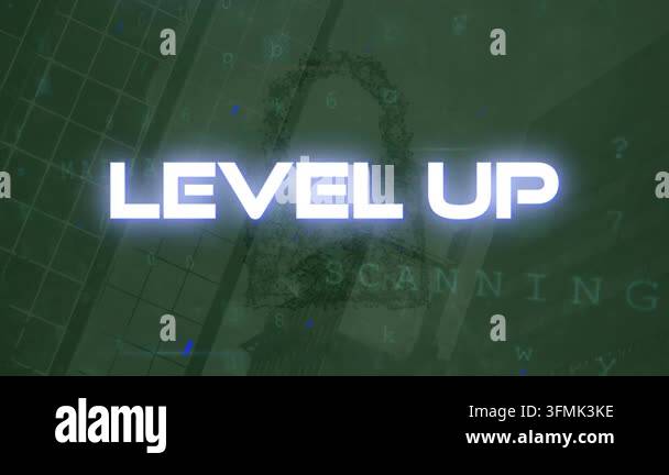 Animation of level up text over clouds and orange squares. Social media ...