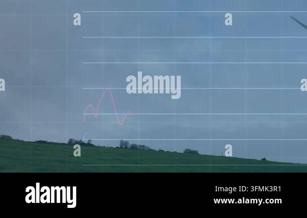 Animation of financial data processing over wind turbine. Global ...