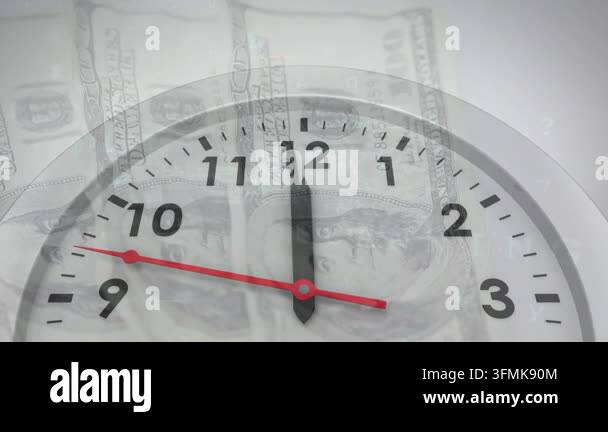 Animation of clock ticking over american dollar bills. Global currency ...