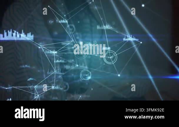 Animation of network of connections and data processing over blue ...