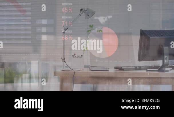 Computer Tagging Animation of statistical data processing against view of office desk ...