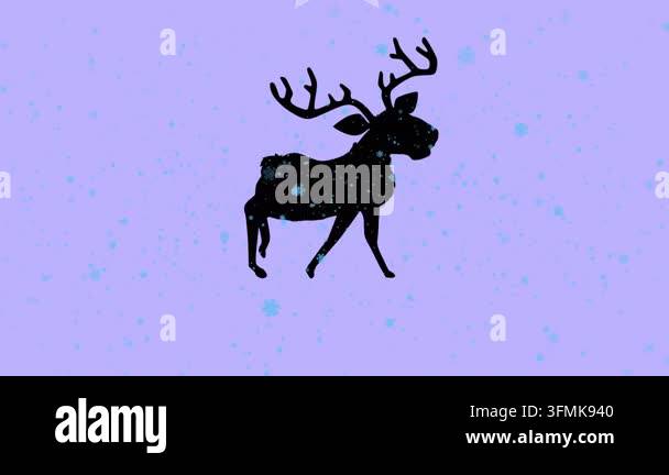 Snow falling over silhouette of santa claus in sleigh being pulled by ...