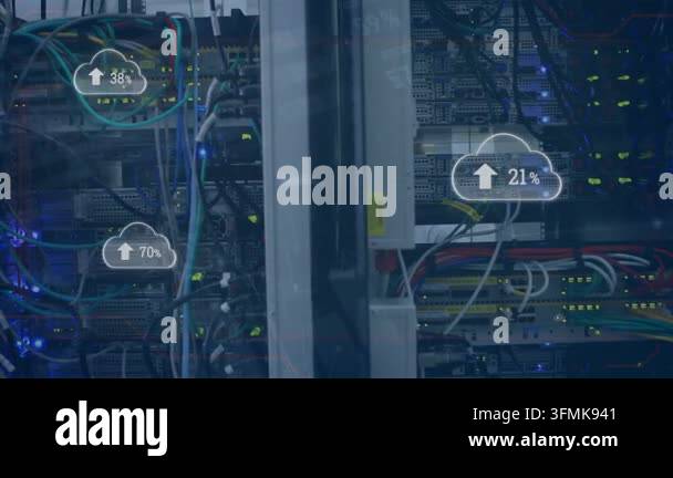Animation of icons and data processing over server room. global ...