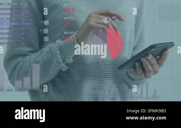 Animation of statistical data processing against mid section of a man ...