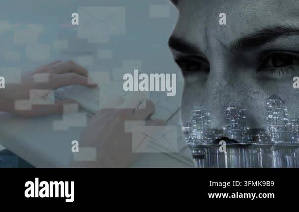 Computer Tagging Animation of envelopes and face with cityscape over hands using ...