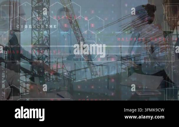Animation of digital data processing over group of business people ...