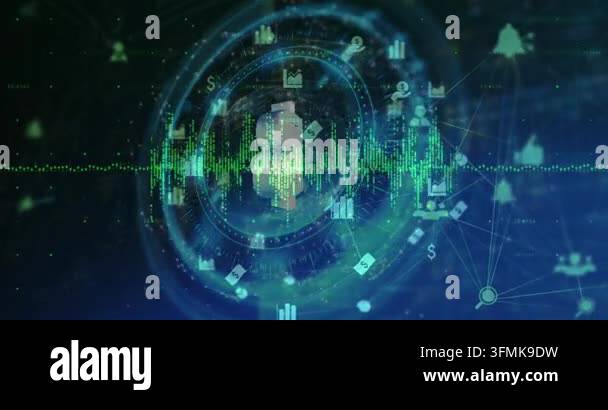 Green waveform pulsing and forming rings, currency glyph emerging ...