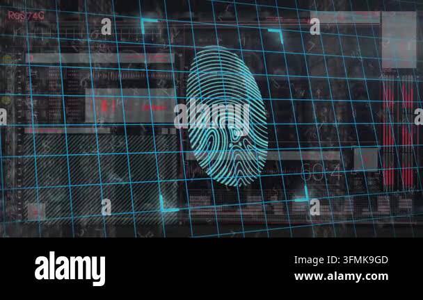 Animation of biometric fingeprint and data processing over grid. Global ...