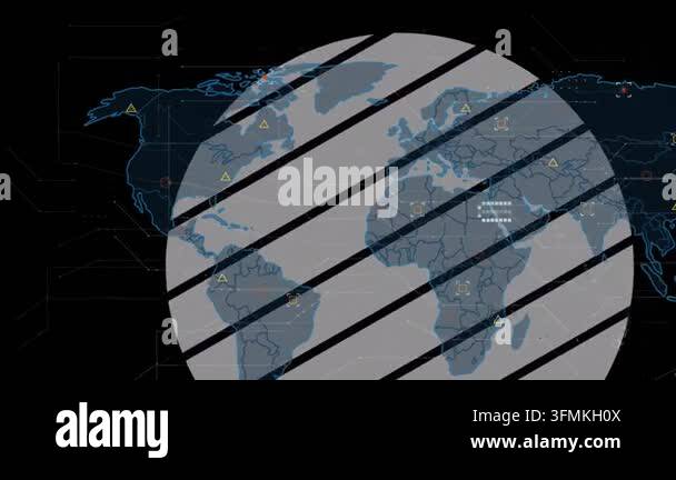 Animation of data processing with world map over globe on black ...