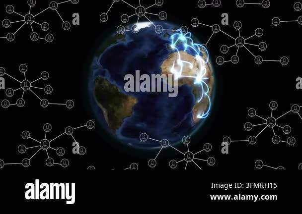 Glowing network connections animation over Earth with digital nodes ...