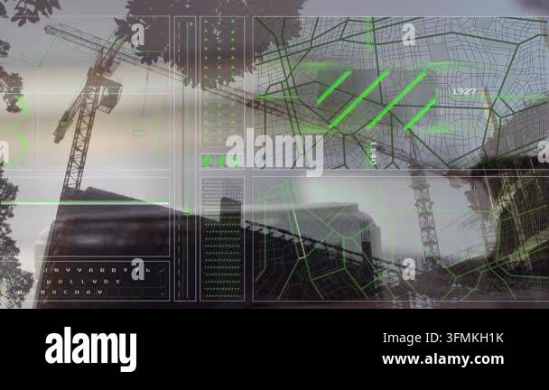 Computer Tagging Animation of interface with data processing over construction site ...