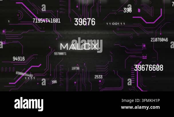 Animation of malware text and data processing over computer motherboard ...