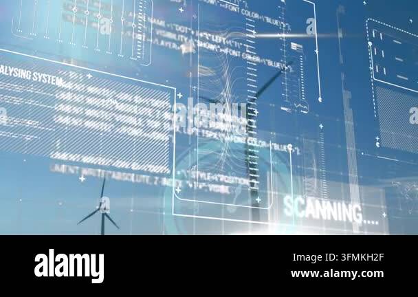 Animation of data processing over wind turbines. Global business ...