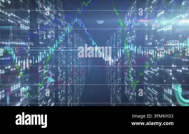 Animation of data processing over blue background. Global business and ...