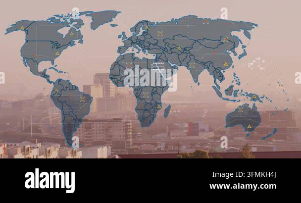 Animation of world map and data processing against aerial view of ...