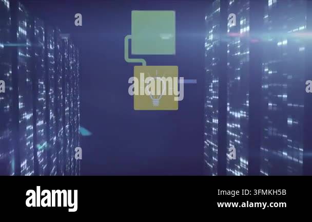 Animation of network of digital icons over screens with mosaic squares ...