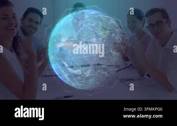 Team clapping as holo globe appearing over table spinning network lines ...