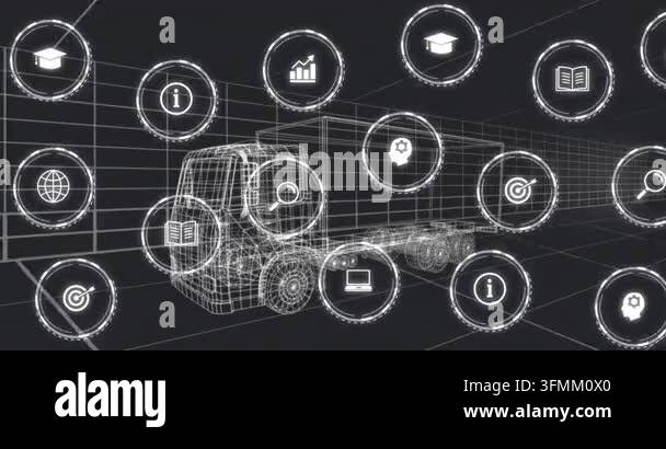 White wireframe truck staying still while scan pulse spawning icons ...