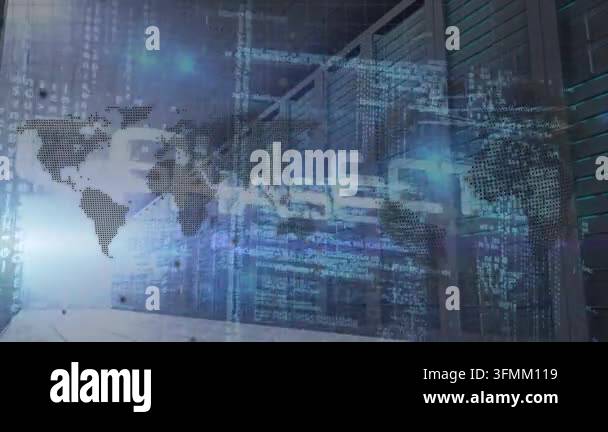 Animation of world map and data processing over business concept texts ...