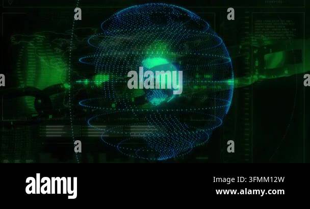Holographic Earth on dotted wireframe appearing, rotating with rings ...