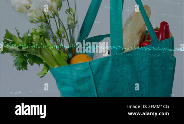 Reusable Container Vector Waveform sweeping across reusable grocery bag with produce items ...