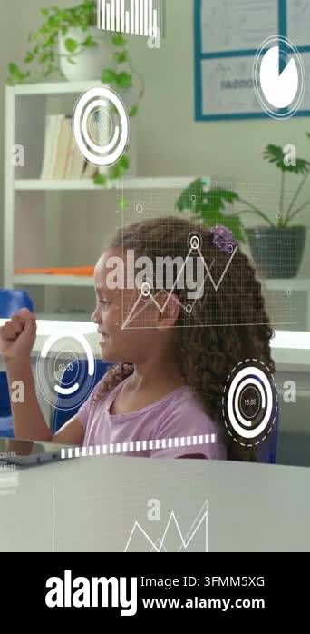 Girl student tapping tablet in class, AR graphs and timers moving with ...