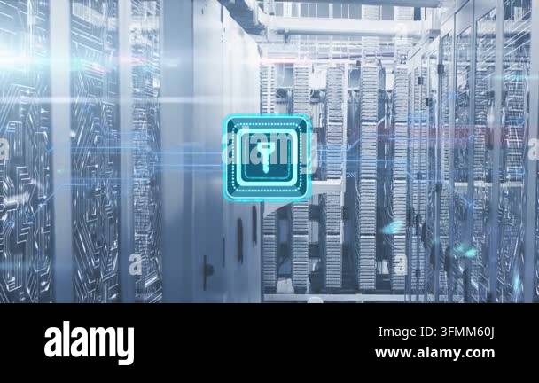 Holographic key icon appearing over server aisle, pulsing and sending ...