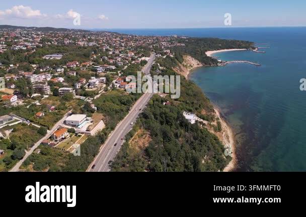Aerial drone view of a scenic asphalt road along the Black Sea coast ...