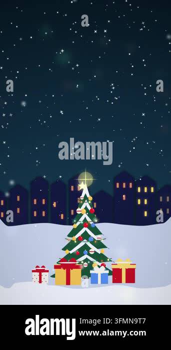 Decorated Christmas Tree in Snowy Square at Night Stock Video Footage ...