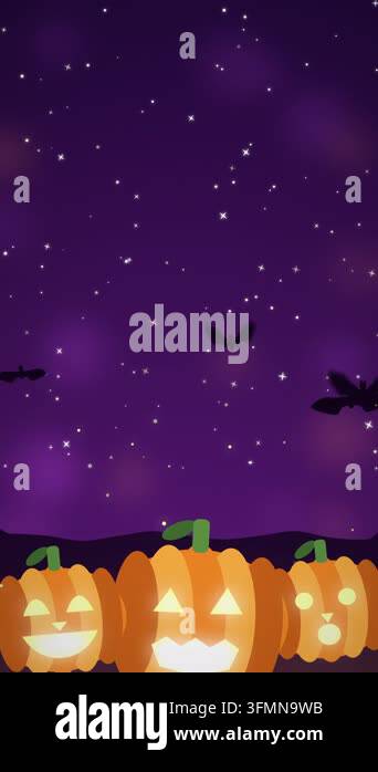 Halloween Glowing Carved Pumpkins Background under Purple Sky Stock ...