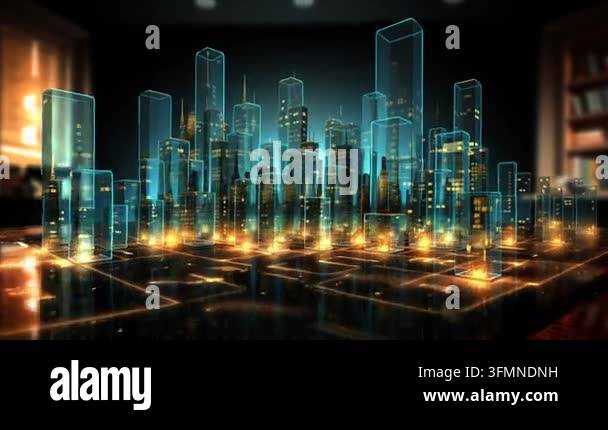 Digital glowing city skyline with wireframe buildings at night Stock ...
