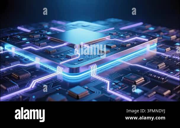 Closeup of circuit board with glowing blue lines Stock Video Footage ...