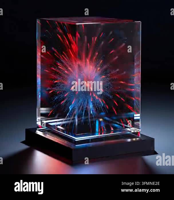 Abstract glass cube with red and blue light explosion inside Stock ...