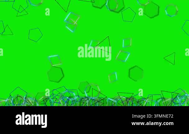 Colorful geometric shapes floating on bright green background Stock ...