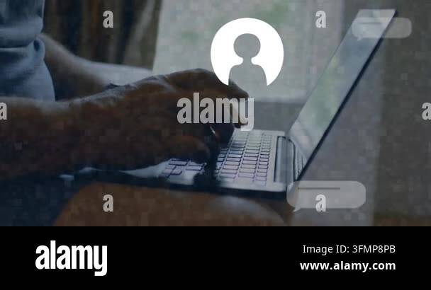 Vertical video: Man typing laptop, generating avatars and chat bubbles ...