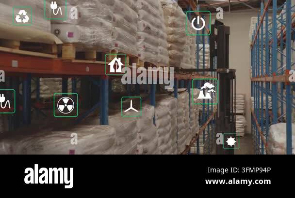 Operator starting forklift, moving down aisle while AR icons shifting ...