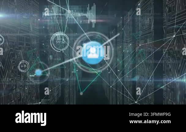 Animation of network of connections with icons over data processing and ...