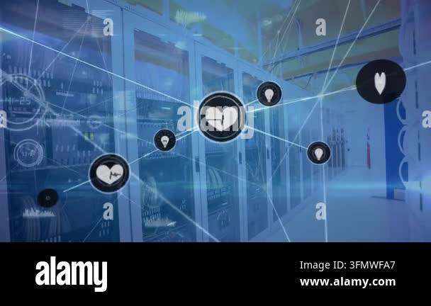 Animation of network of connections with icons over computer servers ...