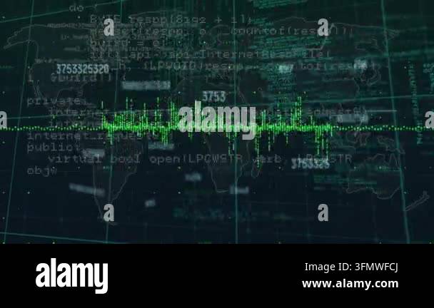 Animation of digital data processing on dark background. Global ...