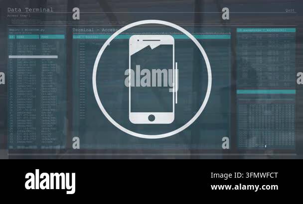 Animation of smartphone icon over interface with data processing ...