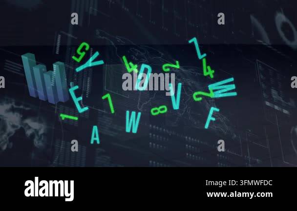 Animation of changing numbers and alphabets over interface with data ...