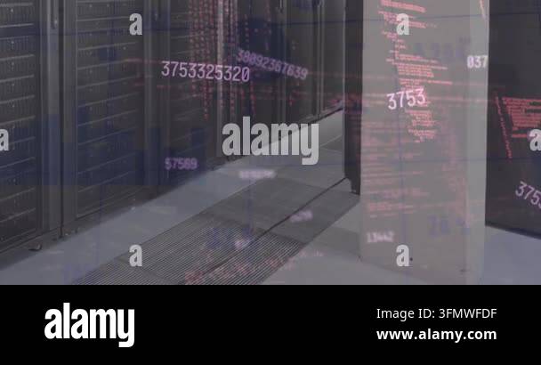 Animation of lights and data processing over computer server room ...