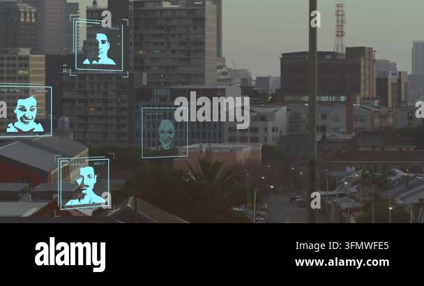 Animation of changing profile icons against aerial view of cityscape ...