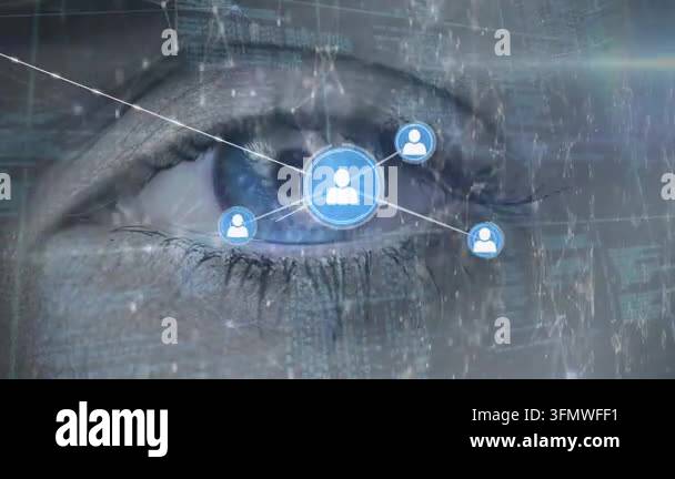 Animation of network of connections with icons and data processing over ...