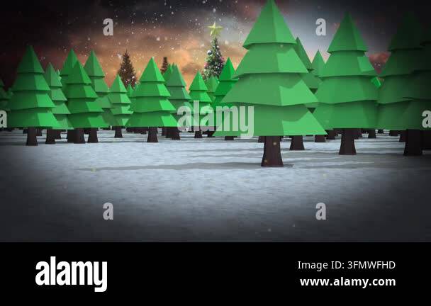 Animation of christmas tree with snow falling in winter scenery ...