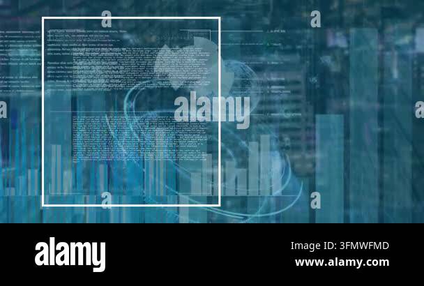 Animation of data processing and globe over server room. Global network ...