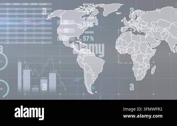 Animation of financial data processing and world map over grey ...