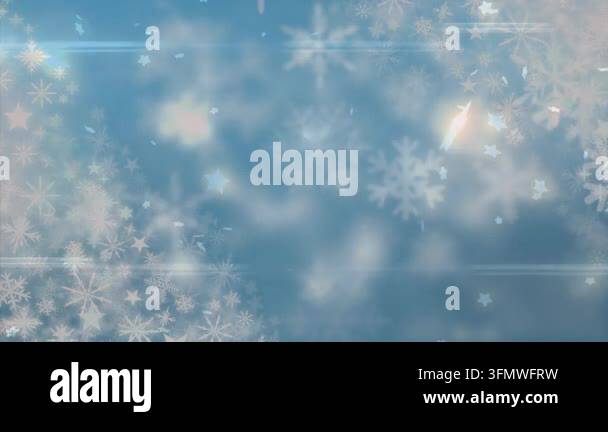 Animation of snow falling and stars over blue landscape. Christmas ...