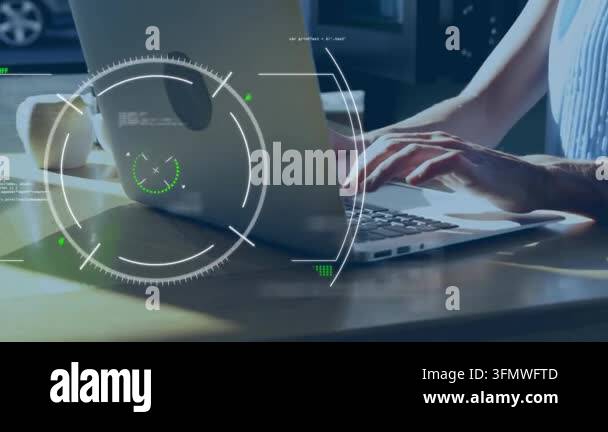 Animation of data processing over hands using laptop. Global business ...